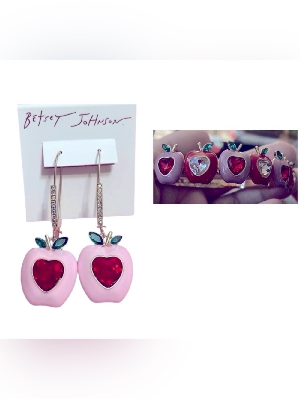 BETSEY JOHNSON SET Pink Apple Bejeweled Earrings & Ltd Edition Bracelet NEW NWT